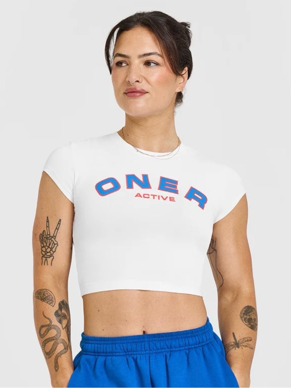 Oner Active White Crop Tee with Blue and Red Logo